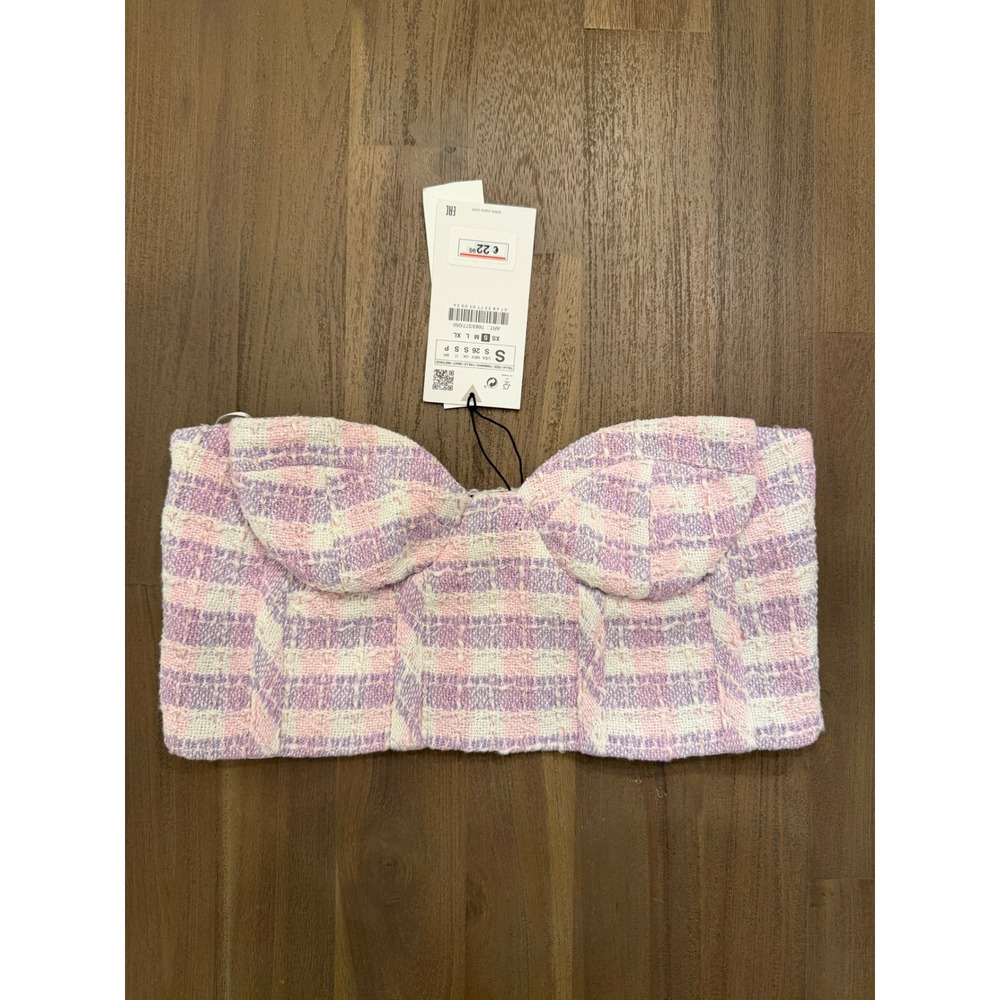 Zara Pink Purple Plaid Tweed Bustier Crop‎ Top Strapless Bandeau Small 7583/705